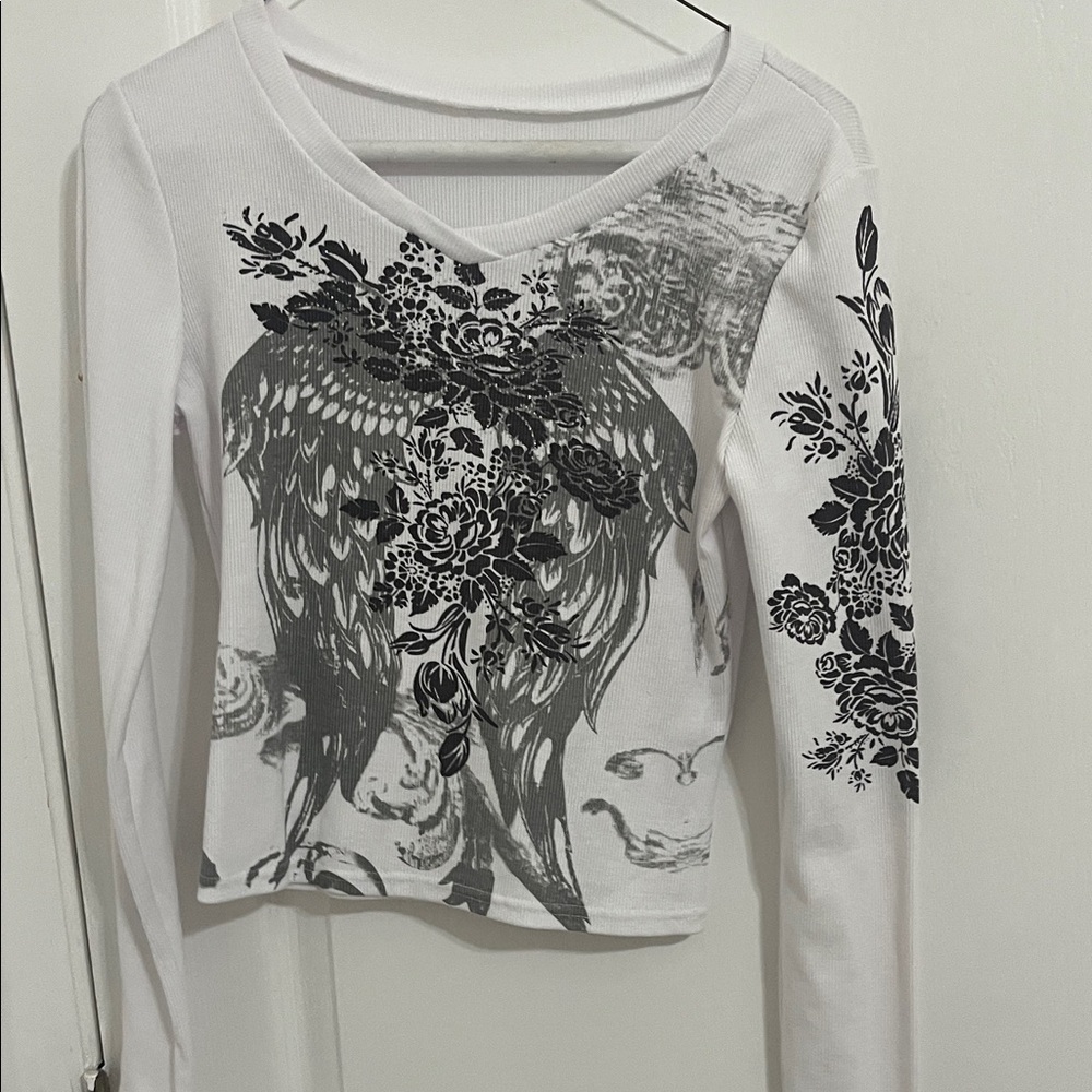 White Long-Sleeve Floral Wing Graphic Top